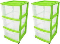 HOMZ 2-Pack Drawer Tower, 3-Tier Clear Plastic Storage Organizer Cart, Bold Lime Frame - Organizing Containers with Wheels for Home, Bathroom, Bedroom, Office, and Classroom