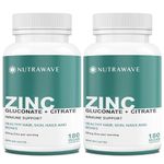 Nutrawave 2-IN-1 Zinc Supplements, High Absorption Formula 50 mg Zinc Gluconate + Citrate Chelated Stomach-Friendly Immune Booster, Healthy Skin, Hair, Nails & Bones, For Men & Women, Vegan, 12-Month Supply