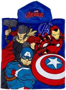 Character World Poncho de Toalla con Capucha Oficial de Disney Marvel Avengers | Tacto súper Suave, Capitán América, Iron Man, diseño de Thor | Albornoz hogar, baño y Playa, Multicolor, 115 x 50 cm