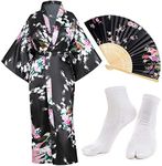 Heone Kimono Satin Peacock Printed Lightweight Cardigan Jacket Coat Yukata Cloak Bathrobe Tops folding Fans Tabi Socks Set, Black