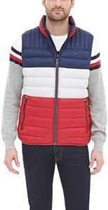 Tommy Hilfiger Men's Lightweight Ultra Loft Quilted Puffer Vest, Midnight/Ice/Red Colorblock