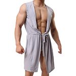 Lu's Chic Men's Silk Kimono Robe Hooded Bathrobe Sleeveless Lightweight Sleepwear Pajamas Grey US M (TagL)