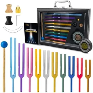 Hugbow 10 PCS Unweighted Tuning Fork for Healing Set, Multi-Color Chakra Tuning Forks, Aluminum Alloy Solfeggio Tuning Forks with Activator & feet (174-963Hz) for Sound Healing