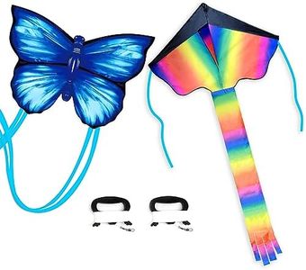 Simxkai 2 Pack Kites-Rainbow Delta Kite and Blue Butterfly Kite, Easy to Fly Kite for Kids and Adults,2 Kite Line Handles with 320ft Lines Each