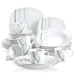 VEWEET 'Aviva' 30-Piece Porcelain Dinner Set Ivory White Green Lines Porcelain Dinner Combi Set with Egg Cup, Mug, Bowl, Dessert Plate, Dinner Plate,Salad Bowl, Service for 12