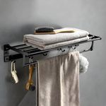 JIALTO Towel Hanger for Bathroom | Wall Mounted Towel Stand for Bathroom | Bathroom Towel Holder with 5 Hooks | Essential Bathroom Accessories (Matt Black Towel Rack)