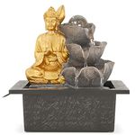 Bravich Buddha Indoor Table Top Water Feature: Small Water Fountain With Statues, LED Light & Running Water. Cascading Waterfall Ornament For Desk, Home Office, Living Room, Bedroom & More.