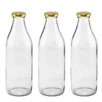 SATYAM KRAFT Pack Of 2 (1 liter) Designer Milk Glass Bottle with golden lid for milk, juice, coco, Milk Shake, Water, storage, Restaurant, fridge storage, Fridge bottle, glass bottle (1 ltr)