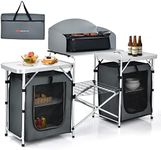 Goplus Folding Camping Kitchen Table with Storage, Aluminum Portable Outdoor Cooking Table with Windscreen, Foldable Camp Table Cook Station for BBQ, Party, Picnics (Grey)