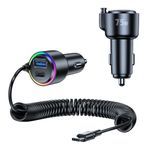 USB C 75W Fast Car Charger Samsung Rapid Car Charger PD& QC3.0 with 5.3ft 45W Type C Coiled Cable, Super Fast Type C Car Charger Adapter for iPhone 15 Pro/15 Pro Max Samsung Galaxy S24/S23,Android