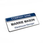 Badgemaster Dark Blue Grey Horizontal Stripes Personalised Premium Domed Bespoke Custom Name Badge 76 x 32mm White Black