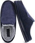 ONCAI Slipper for Men with Arch Support, Cotton-Blend Winter Mens House Slippers High-Density Memory Foam Warm Corduroy Strips Comfortable Fluff Plush Wool-like Clogs with Rubber Sole Blue Size 9