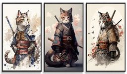 3Pcs Japanese Samurai Cat Wall Art Vintage Cool Cat Posters Prints Funny Animal Cat Pictures Paintings for Living Room Wall Decor Print Bedroom Home Artwork Unframed