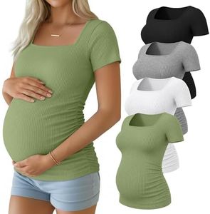 Huukeay 4 Pack Women's Maternity Shirts Cotton Ribbed Short Sleeve Square Neck Pregnancy Tops Side Ruched Summer Tee(Black, Heather Gray, White, Grass Green,XX-Large)