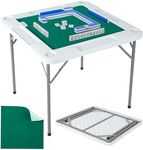 GarveeHome Mahjong Table 35.4 x 35.4-inch, 4 Player Folding Domino Table with Wear-Resistant Green Tabletop, Portable Square Card Desk with Cup Holders & Chip Trays for Mahjong Poker Puzzles