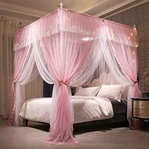 VETHIN 4 Corners Post Ruffle Princess Bed Canopy Curtain-Double Layer Cozy Drape Netting 4 Opening Mosquito Net for Girls Adults Bedroom Decoration (Pink/Whtie,64" W*82" L*82"*H/Queen)