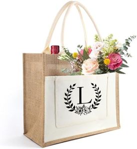 Tarklanda Sac Toile Jute Initiale Personnalisé, Sac en Toile de Jute avec Lettre et Fleurs, Sac Cabas de Course Femme, Cadeau pour Femmes, Amis, Mariage, Anniversaire, Vacances, Plage (L)