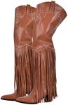 richealnini Women's Thigh High Boots with Tassels Western Cowboy Boots Zip Up Wide Calf Sock Booties Long Shaft Almond Toe Block Heels Rivets Punk Riding Combat Motocycle Cowgirl Boots Brown Size 12