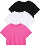 Star Vibe 3 Pack Cotton Crop Tops Gym for Women Round Neck Cropped Athletic Top Workout Yoga Tops T-Shirt Women Black/White/Rose S