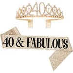 Leixi 40 and Fabulous Sash & Rhinestone Tiara Set - 40th Birthday Gifts Birthday Sash for Women Birthday Party Supplies (Gold)