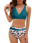 SEAFORM Womens Two Piece Swimsuits Wrap Front Bikini High Waisted Bottom Tummy Control Bathing Suits Vintage Print Swimwear, Blue Flower, Medium