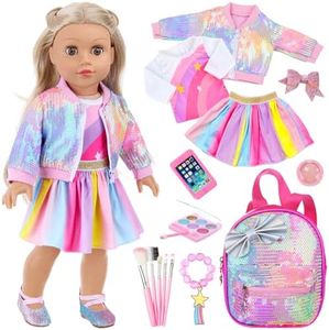 UNICORN ELEMENT American 18 Inch Doll Makeup Accessories and Clothes,Sequin Backpack Set for 18" Dolls Include Skirt Bracelet Hair Clip Phone and Makeup Sets（No Doll and Shoes