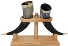 Galaxy Indiacraft Viking Drinking Handmade Natural OX Horn | Tankard | Mug | Cup for Ale, Beer, Mead, Wine | 12 Inch | 100% Leak Free | with Beautiful Wooden Stand (Set of 2)