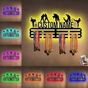 XIAO.Z Personalized Metal Judo Medal Hanger Holder Display Rack for Awards Ribbons With Led Light- Custom Sports Medal Holder for Wall,Medal Hanger Display Award Rack With Boy Girl Kid's Name