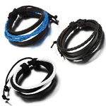 Flongo Men's Womens 3PCS Tribal Braided (Black,Blue, White) Leather Rope Surfer Wrap Bangle Bracelet, Fit 7-9 inch Wrist