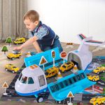 iHaHa Spray Airplane Toys for Boys/Girls, Large Transport Cargo Airplane with 6 Construction Vehicle 10 Road Signs 1 Play Mat, Plane Toy with Lights Sounds, for Boys Age 3 4 5 6