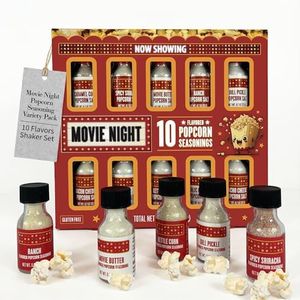 Movie Night 10-Pack Popcorn Seasoning Variety Pack – Cheddar Cheese, White Cheddar Popcorn Seasoning, and Classic Salt for Flavored Popcorn