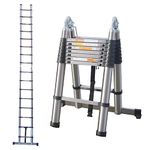 Telescopic A-Frame Extension Ladder 5M (2.5+2.5m) Folding Stainless Steel Telescoping ladders with Safety Locking Mechanism Support Bar Heavy Duty 150kg Load Capacity