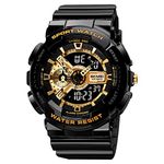 SKMEI Resin Men Digital Sports Watch, Led Square Large Face Analog Quartz Wrist Watch With Multi-Time Zone Waterproof Stopwatch, Gold Dial, Black Band