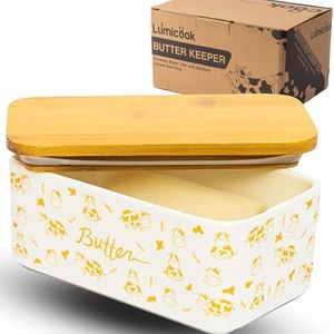 Lumicook porcelain butter dish with lid, Natural bamboo lid, seal included for airtight butter dish, butter holder easily fits 2 sticks of butter