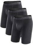 DAVID ARCHY Mens Bamboo Underwear Boxer Briefs Breathable and Soft with Fly Trunks Long Leg in 3 Pack (L, Black - 8 inch)