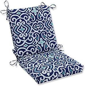 Pillow Perfect Damask Outdoor 1 Piece Chair Cushion, Deep Seat, Weather, and Fade Resistant, Square Corner - 36.5" x 18", Blue/White New Damask, 1 Count