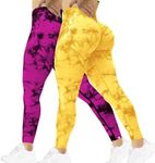 SENBAN Women Scrunch Workout Leggings: Butt Lifting High Waisted Yoga Pants - Tie Dye Seamless Booty 2 Pack Gym Leggings Rose Yellow XL