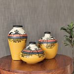 Artysta ‘Madhubani Jungle’ Yellow Handpainted Terracotta Flower Vase, Terracotta Decorative for Home Decor Earthen Flower Vases Pots for Home & Office (Set of 3)