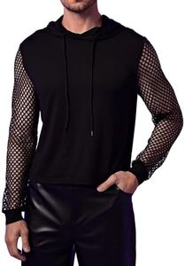 WDIRARA Men's Fishnet Mesh Long Sleeve Drawstring Crop Hoodie Sweatshirt Pullover Black Solid X-Large