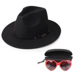 DRESHOW Women Classic Felt Fedora Wide Brim Floppy with Belt Buckle Panama Hat with Cute & Fashion Love Heart Shaped Sunglasses Oversized Eyeglasses Cat Eye Mod Style for Women