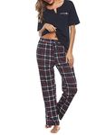 Bresdk Women Pyjama Set Cotton Checked Short Sleeve Loungewear 2 Pieces V-Neck Top & Bottom Sleepwear Soft Nightwear with Pockets Ladies Pjs Set Navy Blue M