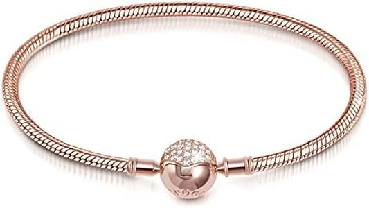 GNOCE Charm Bracelet Sterling Silver Rose Gold Plated DIY Snake Chain Endearing Gifts For Her Basic Charm Bracelet Dainty Bangle with Crystal Round Shape Clasp (2Rose Gold, 7.5)