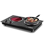 Hot Plate,Cusimax Portable Electric Hot Plate,1800W Countertop Double Burner,Infrared Glass Cooktop,Temperature Controls,Compatible For All Cookwares, Upgraded Version,Marble Black