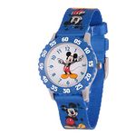 Disney Mickey Mouse Kids' Bezel Stainless Steel Time Teacher Analog Nylon Strap Watch, Blue/ Blue Multi