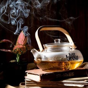 JustBrew® Clear Glass Teapot with Infuser 800ml | Borosilicate Tea Kettle, Wooden Handle Removable Strainer | Stovetop Loose Leaf Green Tea Maker | Heat Resistant Infuser Teapot for Perfect Brew