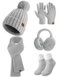 Niwicee 5 Pieces Winter Hat Scarf and Gloves Set,Touch Screen Gloves Beanie Hat Long Scarf Therma Socks Plush Ear Warmer Warming Outdoor Set Warm Women Winter Set(Grey,Onesize)