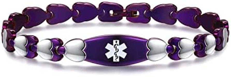 Lovely Fashion Medical alert bracelets with Free engraving Double Heart Medical id bracelet for women-(Purple-7.5)