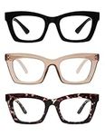 3 Pack Trendy Oversized Blue Light Stylish Readers for Women,Retro Square Cute Sturdy Computer Womens Reading Glasses AM6042 Black+Brown+Purple Tortoise 1.5