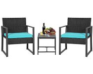 3 Piece Outdoor Bistro Set Patio Furniture Sets Wicker Patio Chairs Rattan Outdoor Furniture for Backyard Porch Poolside Lawn,Blue Cushion