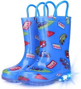 Funspread Toddler Rain Boots Boys Rain Boots - Patterns Light Up Kids Rain Boots with Easy-On Handles Lightwight Waterproof Rain Shoes Blue Size 8